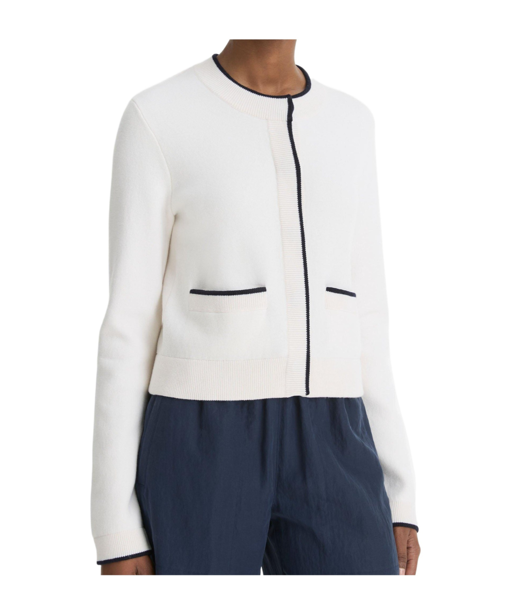 Vince Contrast Tipped Snap Front Cardigan In White