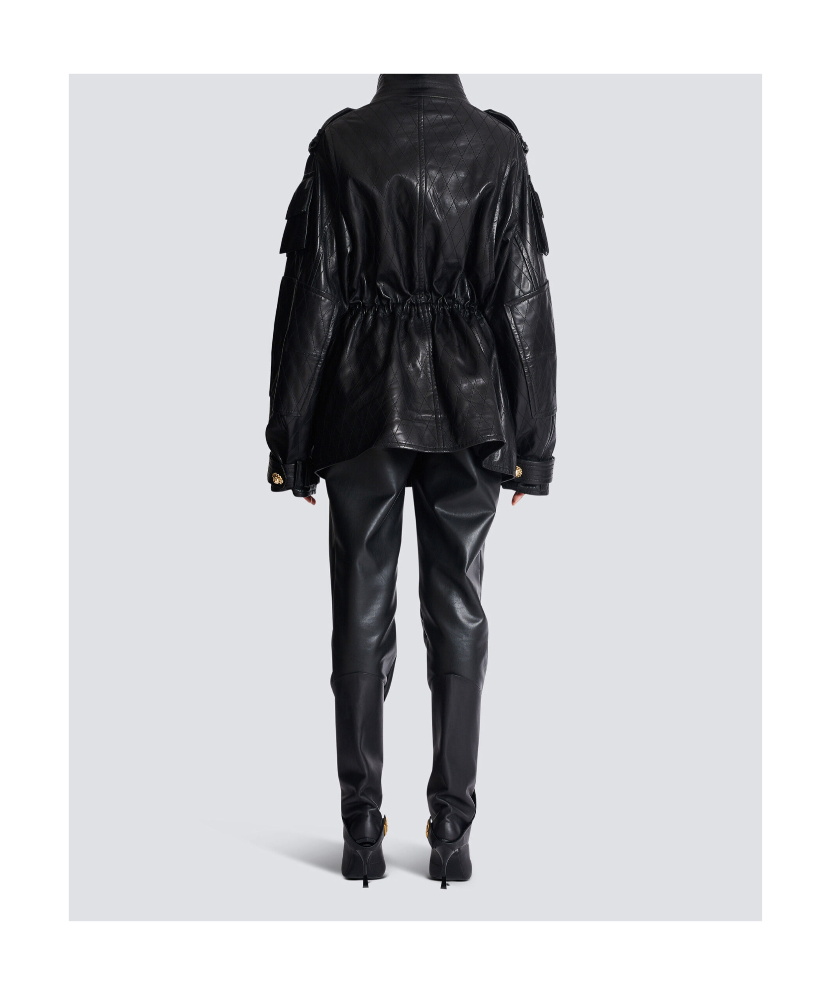 Balmain Lambskin Leather Parka With Topstitched Diamond Pattern In Black