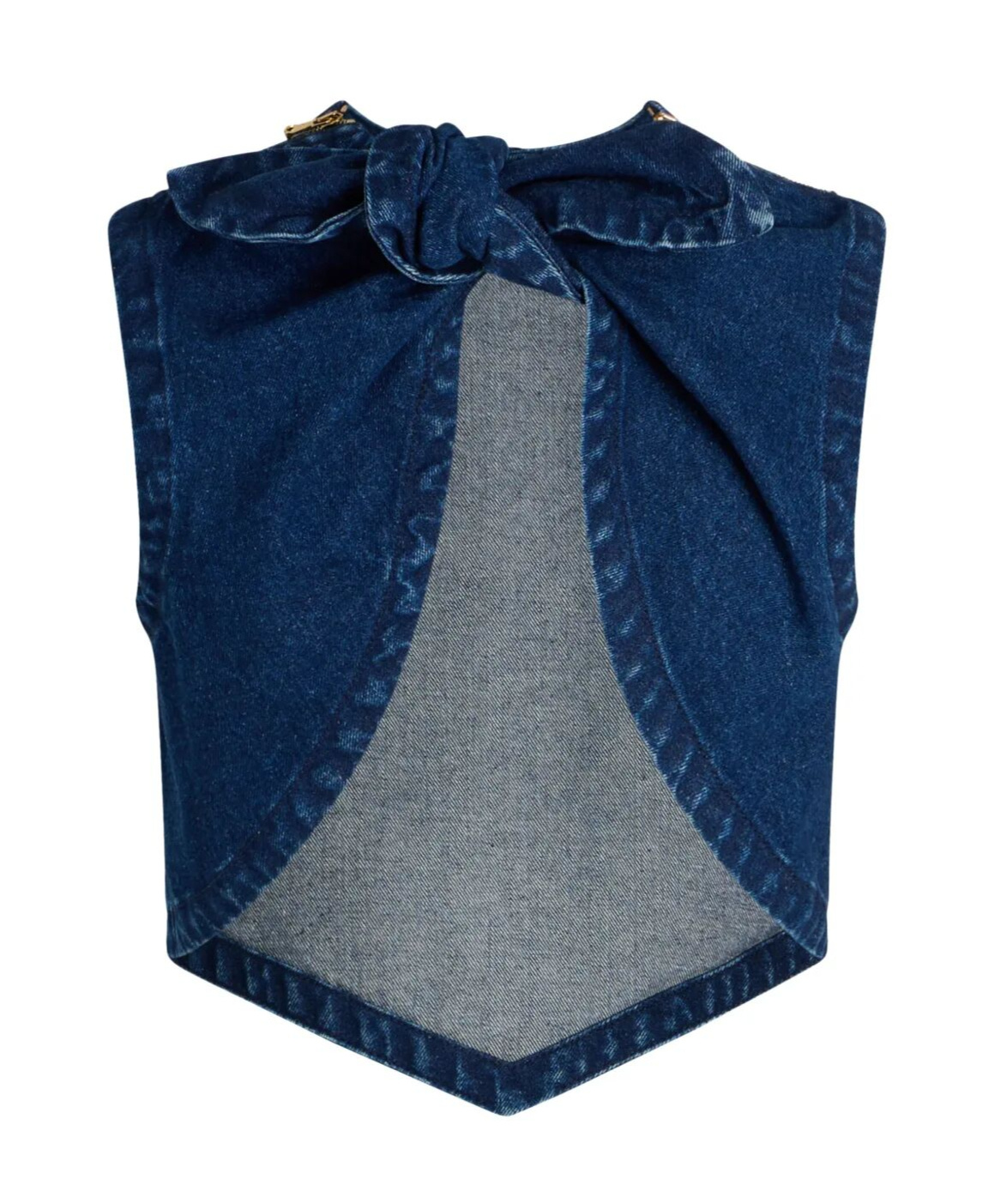 Patou Bow Detail Cropped Denim Top With Open Back In Dark Blue