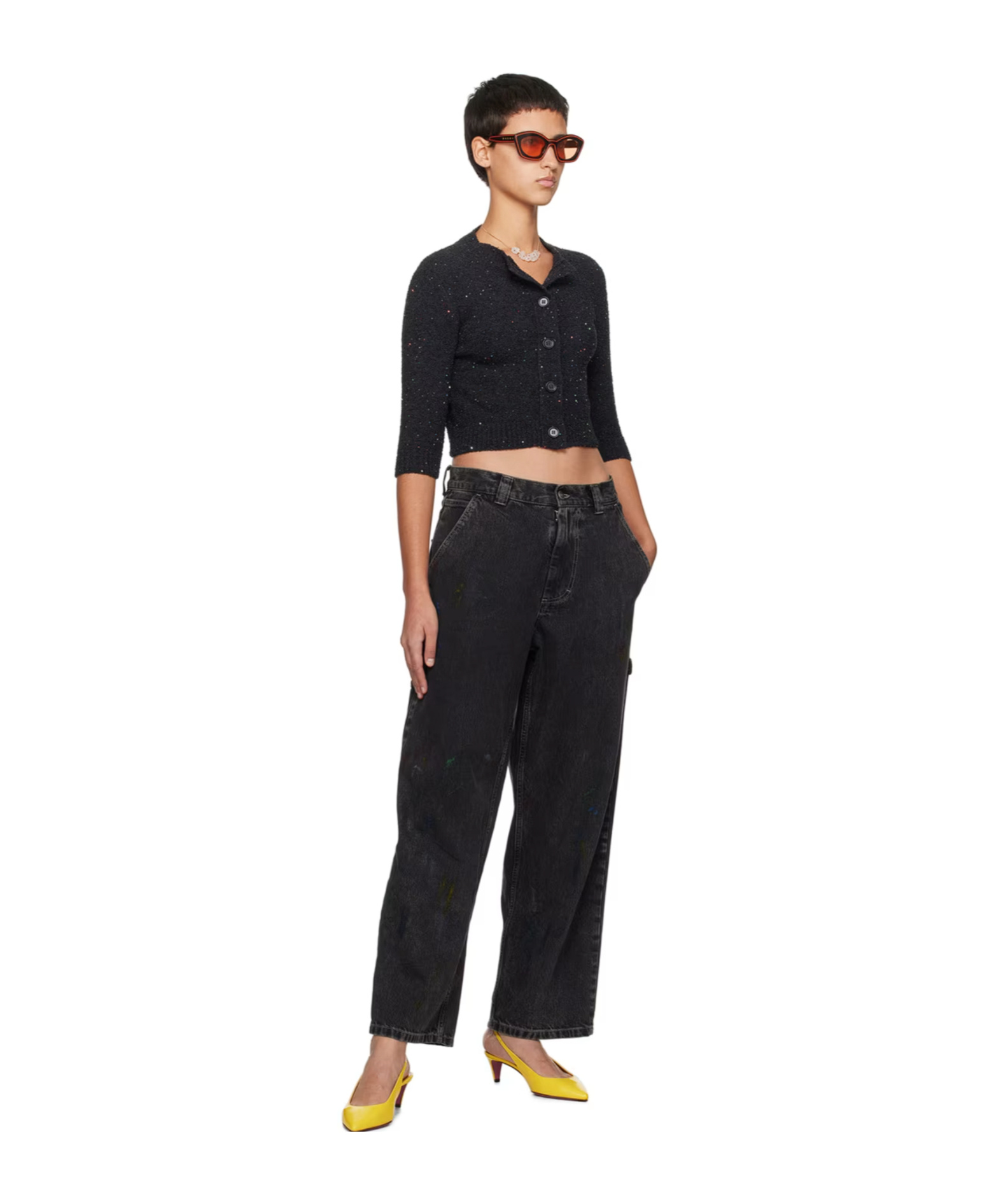 Marni Sequined Round-neck Knitted Cardigan In Black