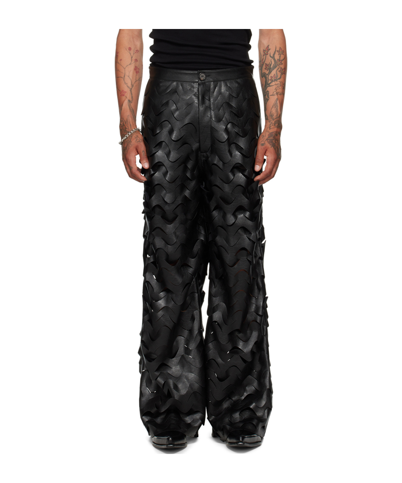 Lu'u Dan Black Laser Cut Wide-leg Faux-leather Pants In Black