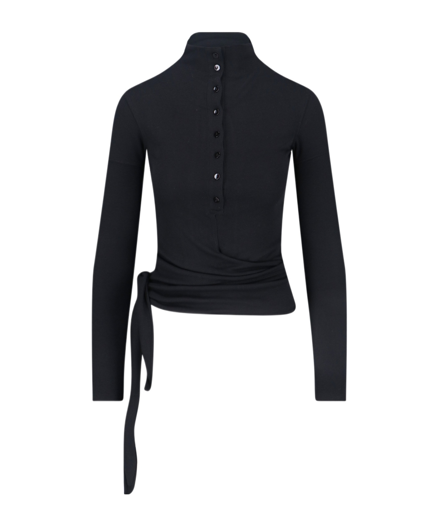 Low Classic Long Sleeve Mock Neck Top With Tie In Black