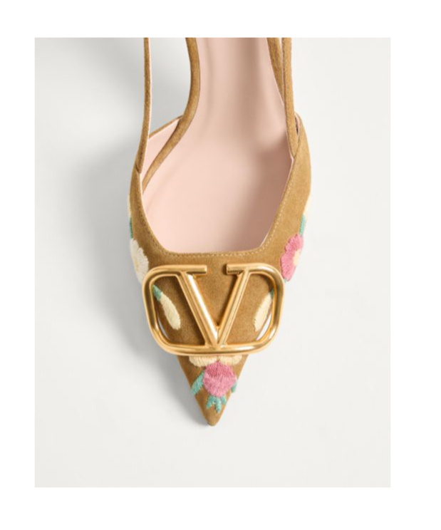 Valentino Garavani Vlogo Signature Slingback Pump In Crust Leather With Floral Embroidery 80mm Woman In Brown