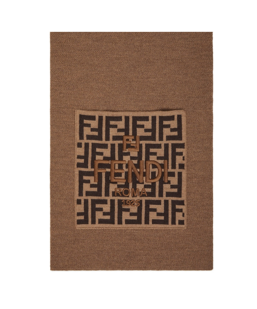 Fendi Caramel Wool Junior Scarf With Logo In Brown