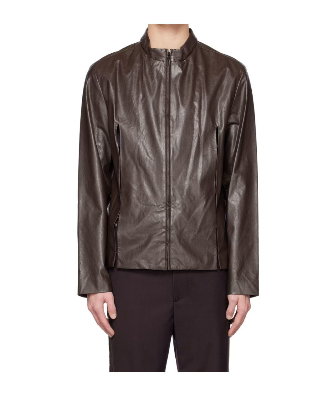 Open Yy Slit Faux Leather Jacket In Brown