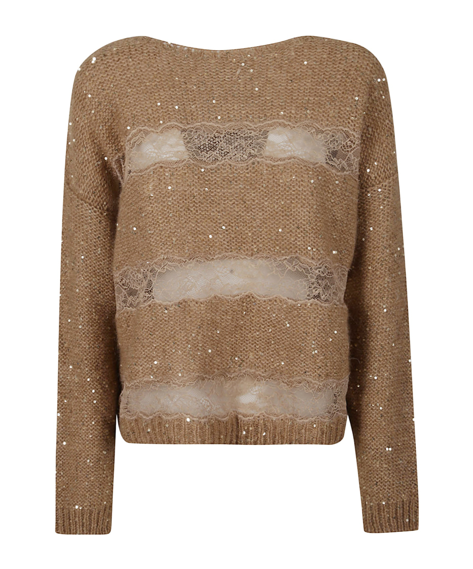 Ermanno Firenze Sequined Lace Panel Sweater In Brown