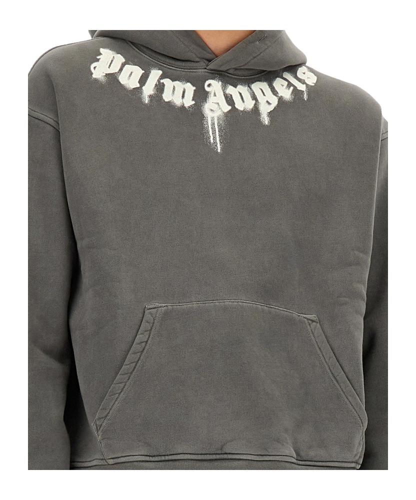 Palm Angels Cotton Hooded Sweatshirt Kangaroo Pocket In Gray