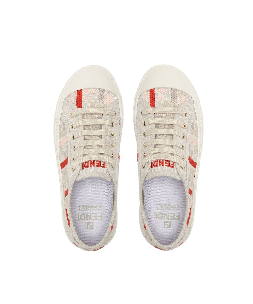 Fendi Beige Embroidered Canvas Low Tops In Gold
