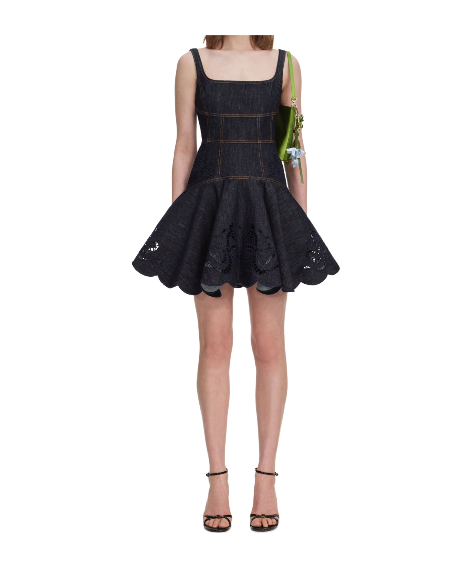 Self-portrait Indigo Denim Bow Embroidered Mini Dress In Blue