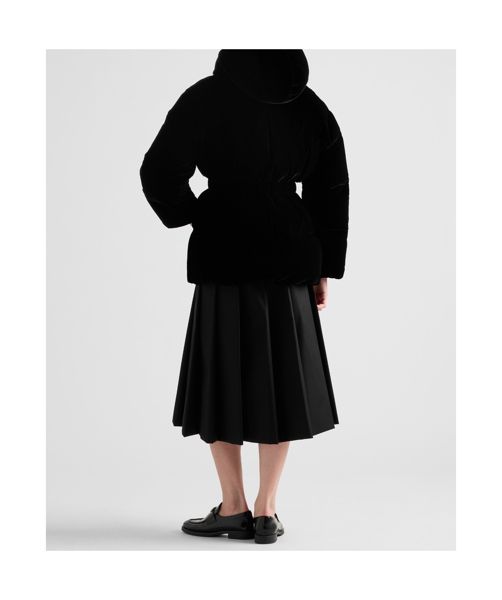 Prada Womens  Logo-badge Padded Velvet Down Jacket In Black
