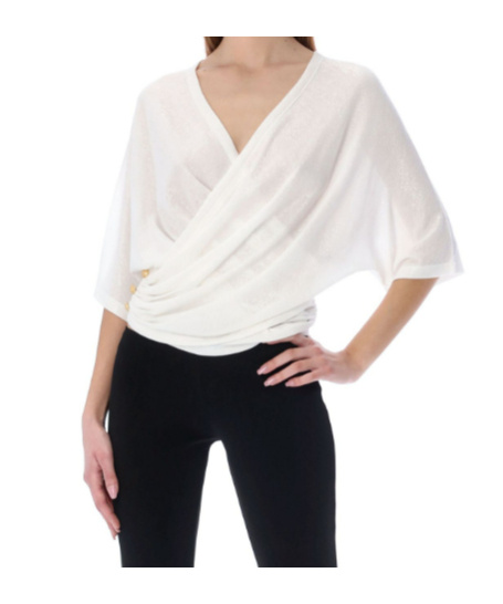 Balmain Metallic Wrap Jersey Top In White