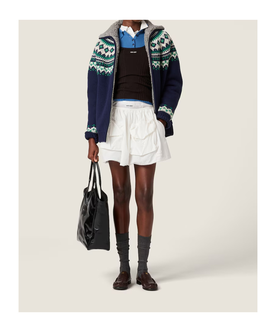 Miu Miu Wool And Fleece Cardigan With Zipper In Blue