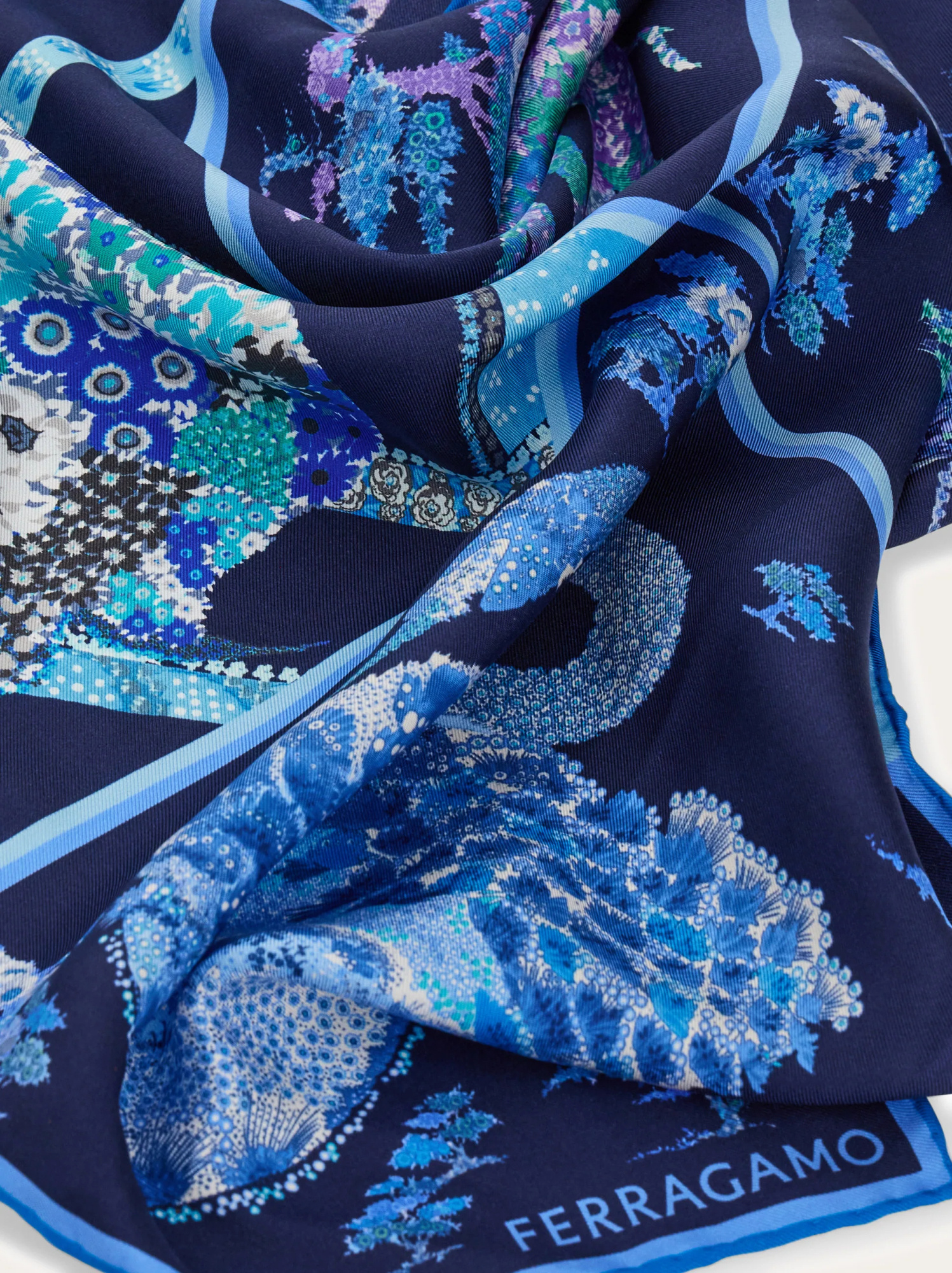 Ferragamo Patchwork-print Silk Bandana In Blue