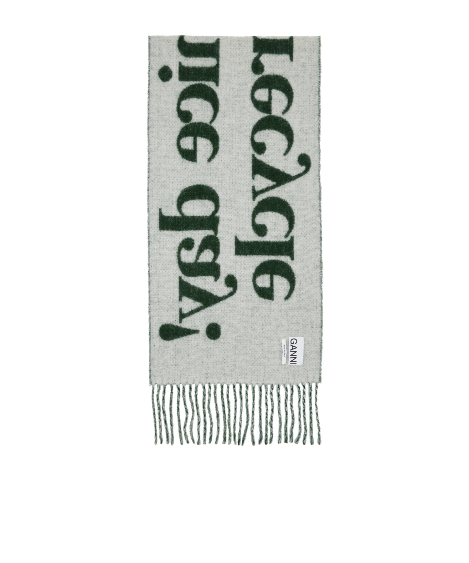 Ganni Green Fringed Wool Scarf In Black