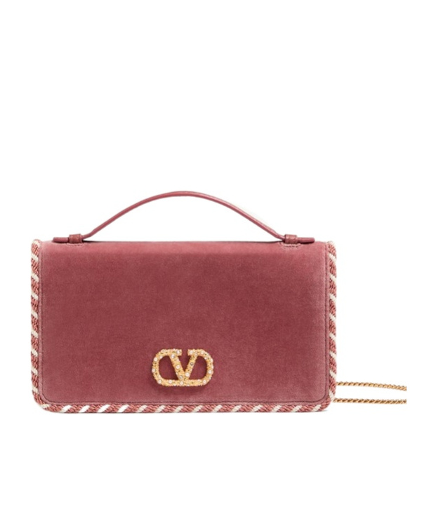 Valentino Vlogo Signature Velvet Chain Wallet With Jewel Logo In Red