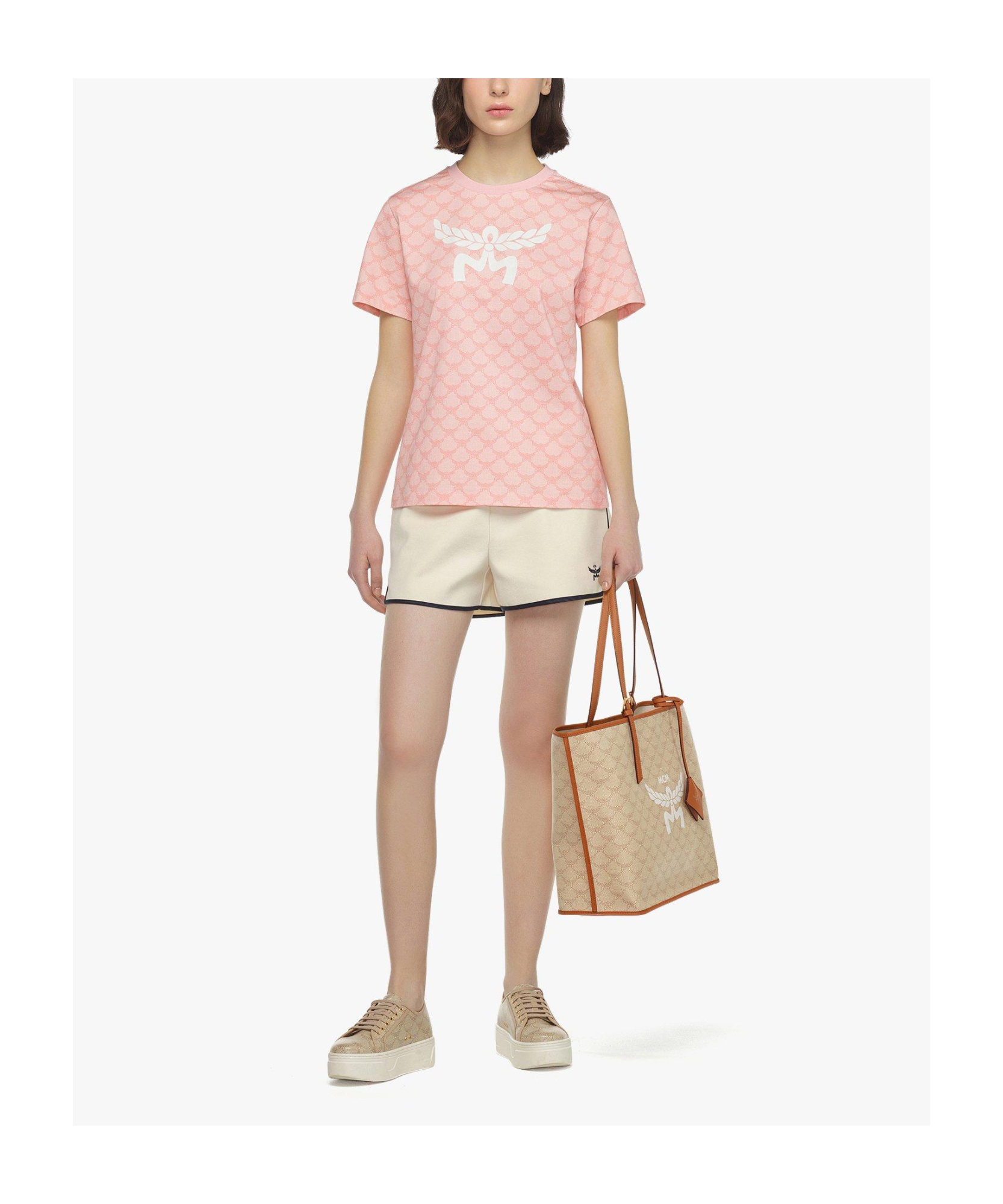 Mcm Medium Himmel Lauretos Logo Printed Tote Bag In Beige/oatmeal