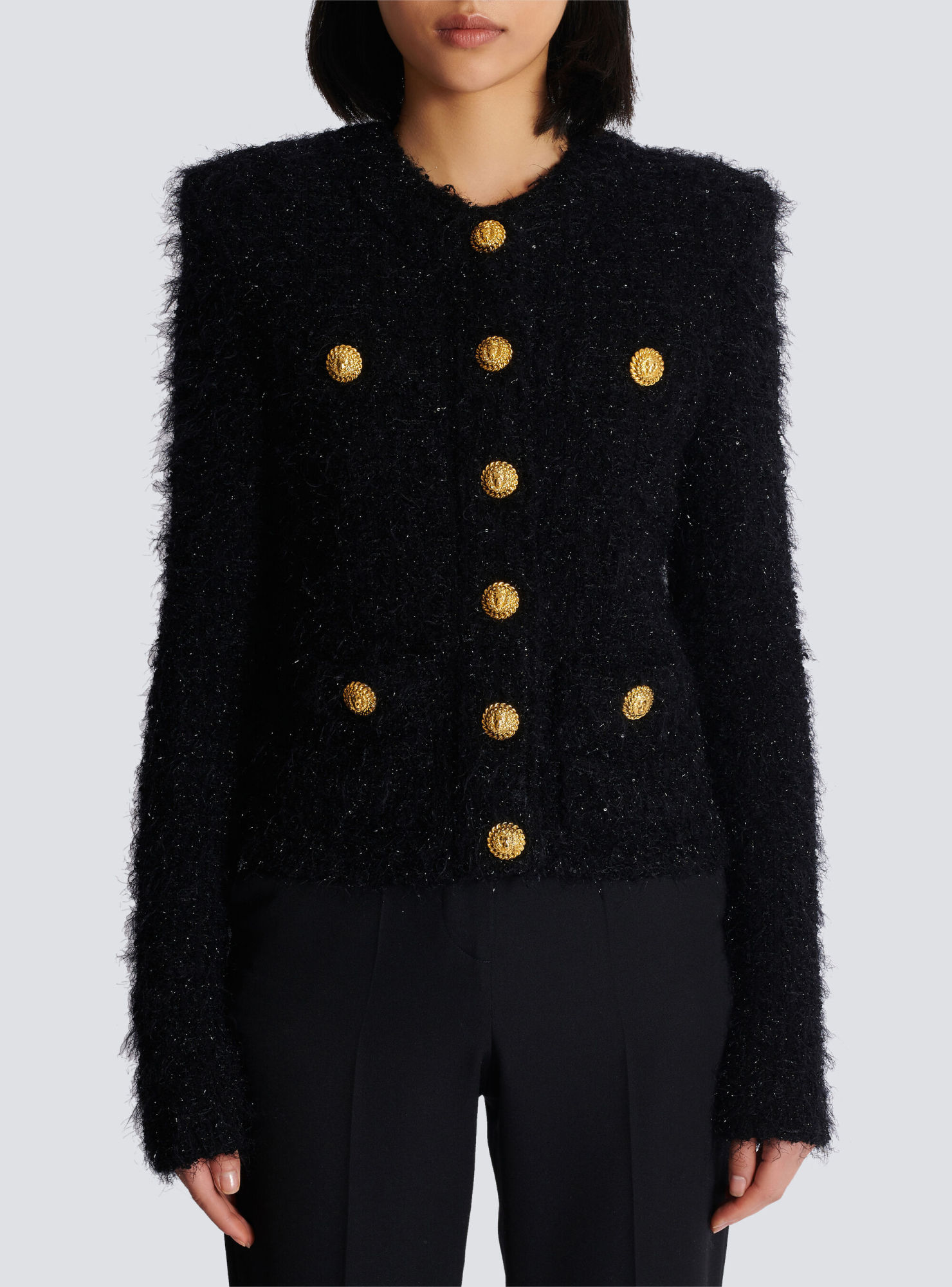 Balmain Collarless Four-pocket Tweed Jacket In Black