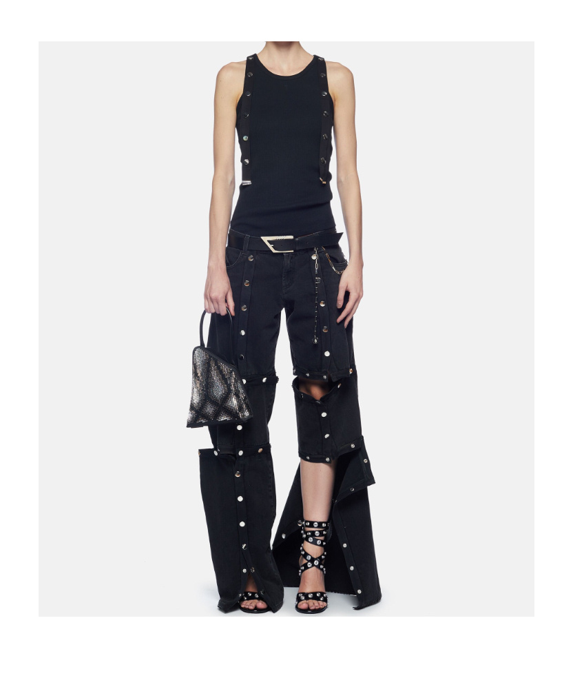 Attico Black Cotton Denim Pants With Logoed Snap Buttons For Women In Black