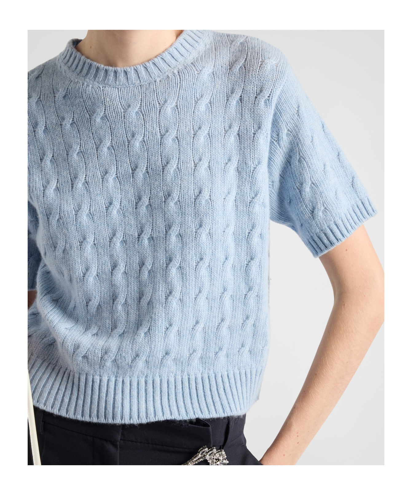 Prada Cable Knit Crew Neck Short Sleeve Sweater In Blue