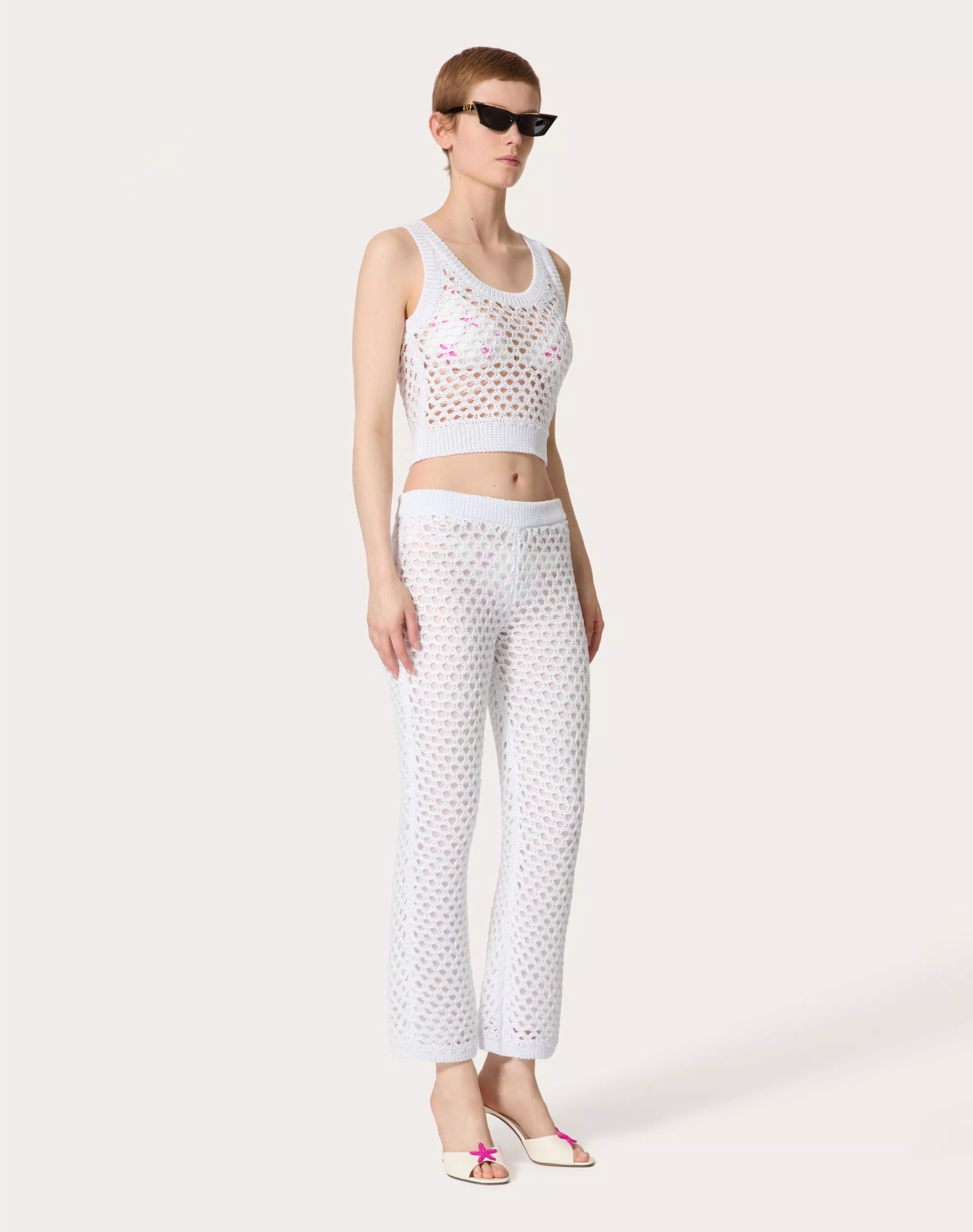 Valentino Mesh Elastic Waist Casual Pants In White