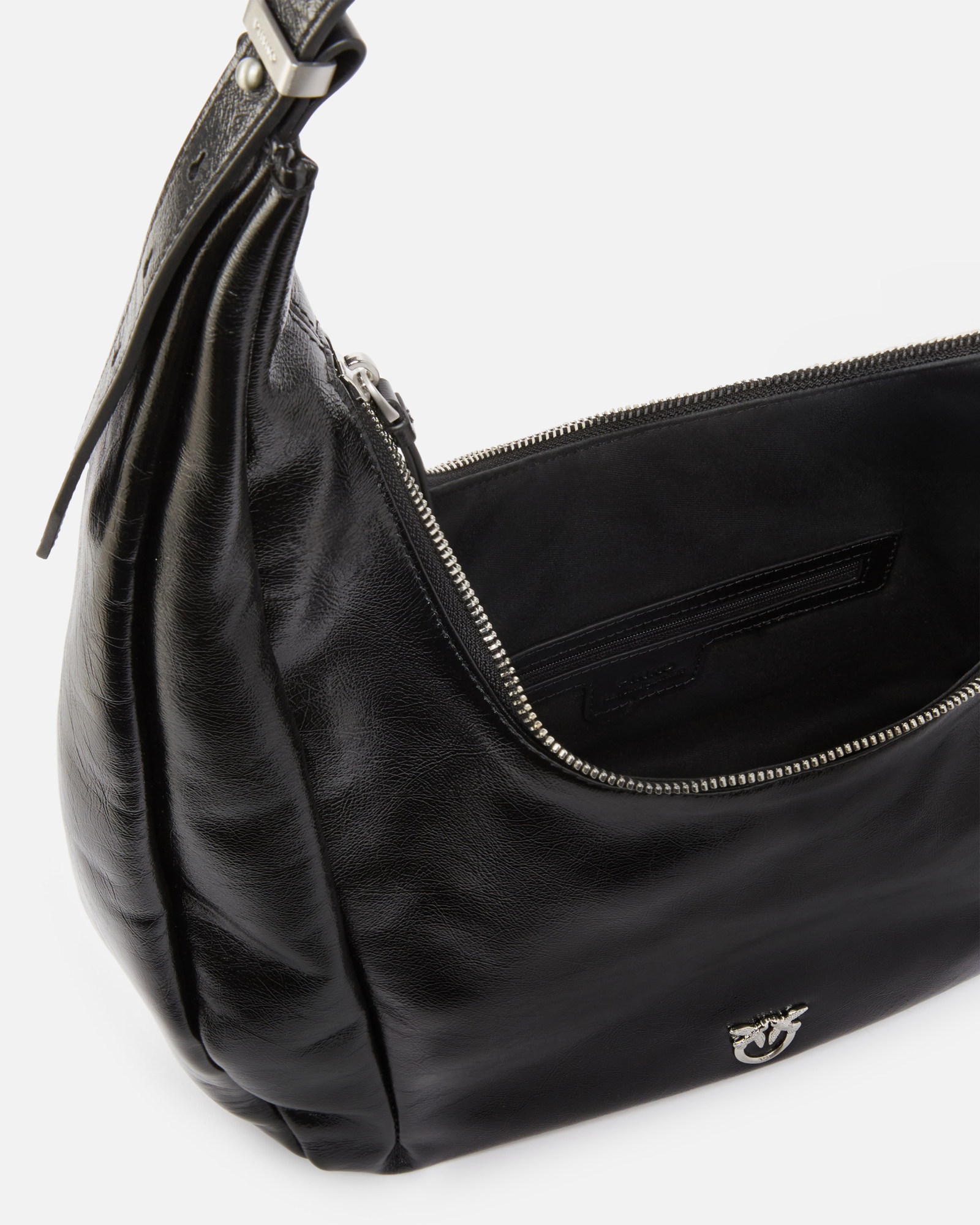 Pinko Hobo Slouchy Large Shoulder Bag In Shiny Leather In Black