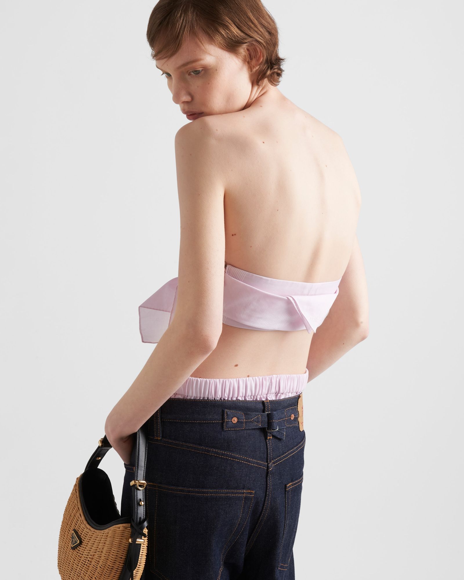 Prada Checked Cotton Bandeau Top In Snow Pink