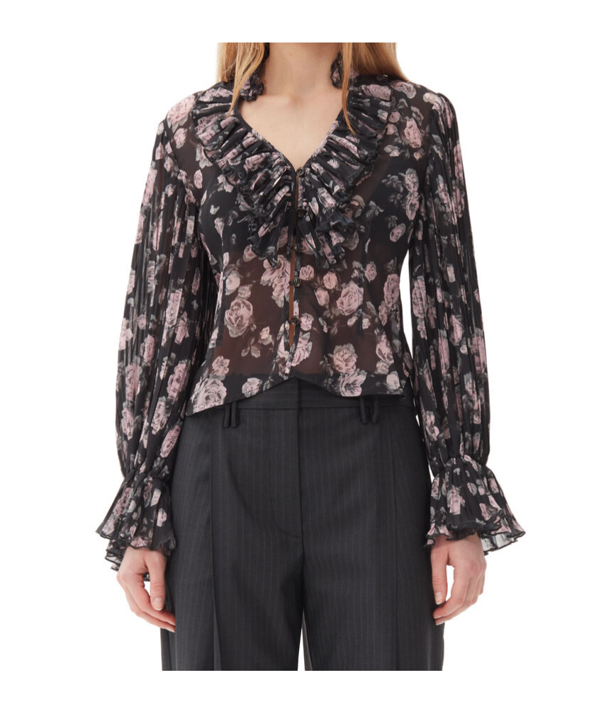 Ganni Floral Print Pleated Blouse In Black