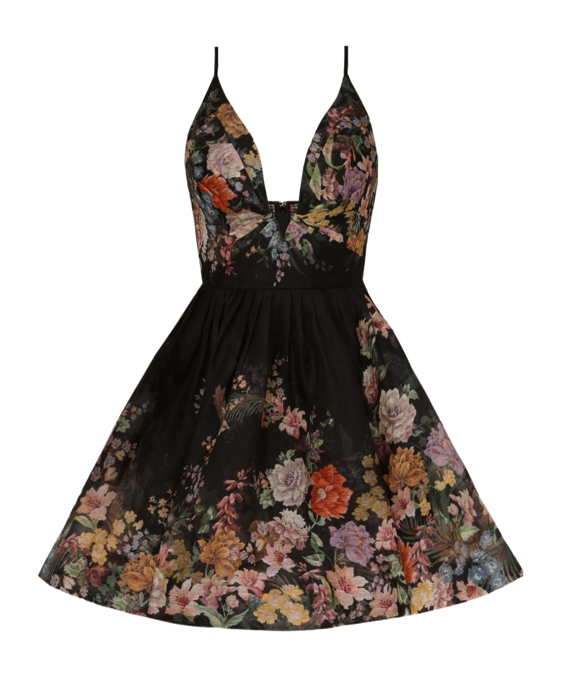 Zimmermann Pavilion Pleated Floral-print Linen And Silk-blend Mini Dress In Black