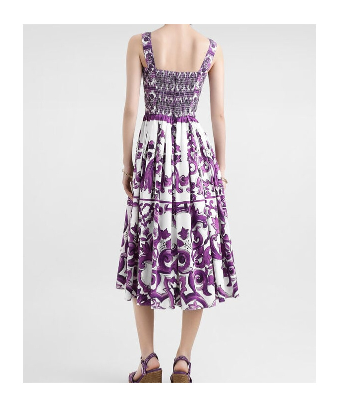Dolce & Gabbana Women Cotton Midi Dress With Maiolica Print In Purple