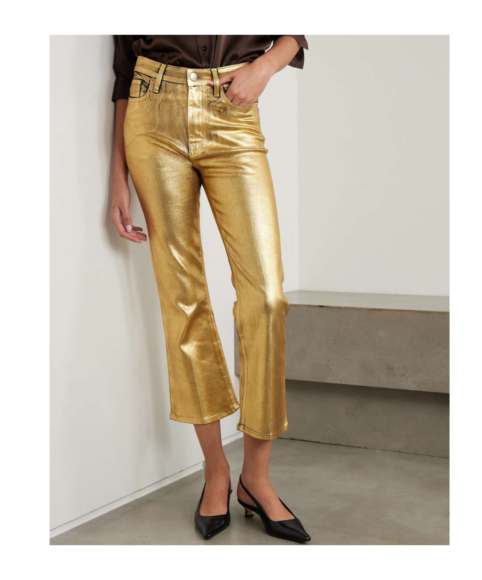 Frame Metallic-coated High-waisted Track Pants In Yellow