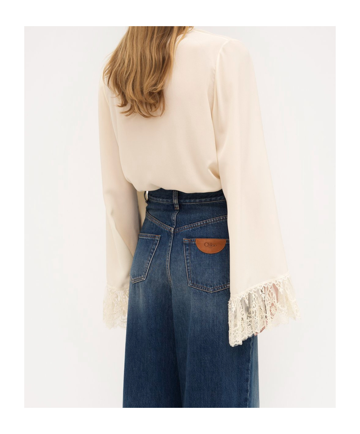 Chloé Button Down Crepe De Chine Top With Lace Sleeves In White