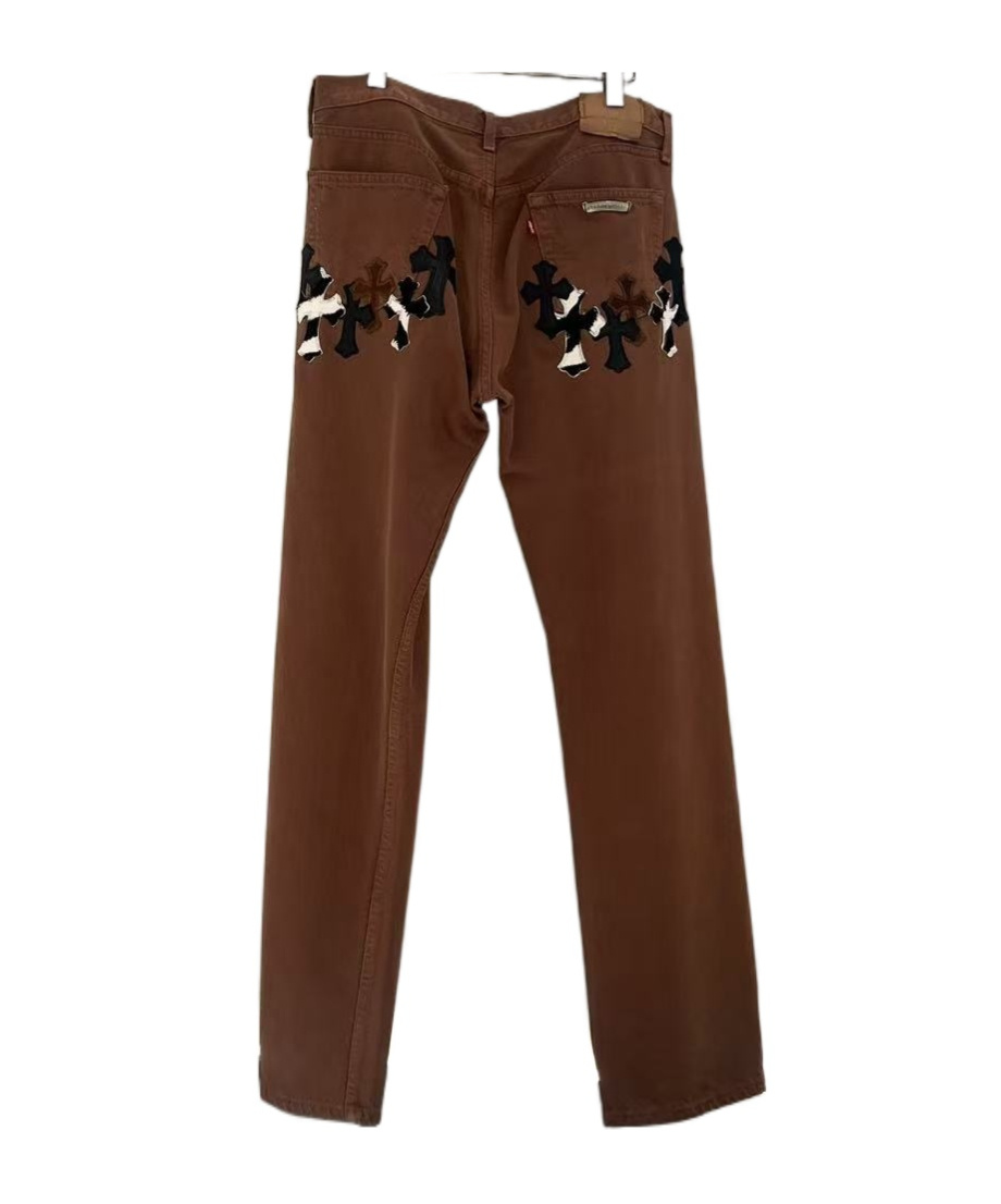 Chrome Hearts Cross-patch Leather Jeans In Brown