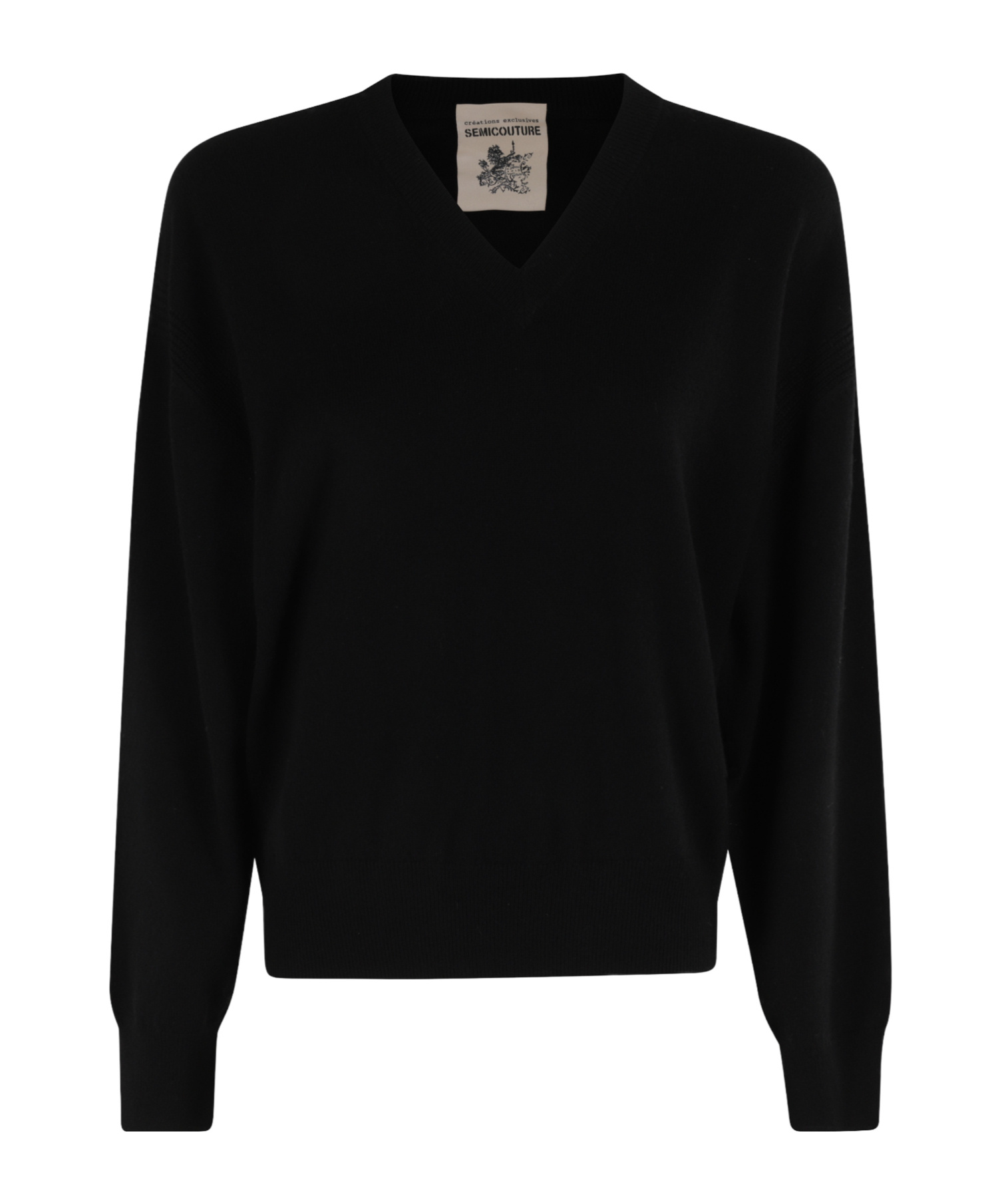 Semicouture Black Sweater With V Neck And Ribbed Trims In Wool Woman In Black