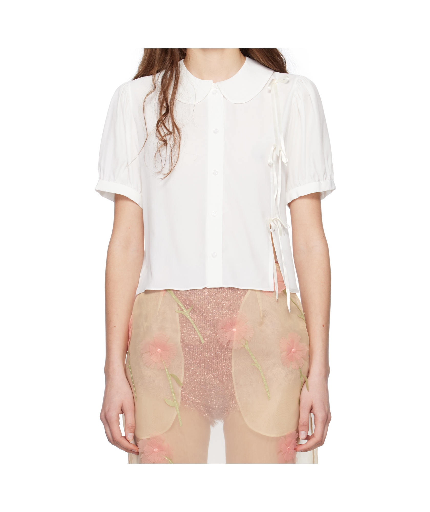 Simone Rocha White Cropped Bow Slit Puff Sleeve Shirt In Nude