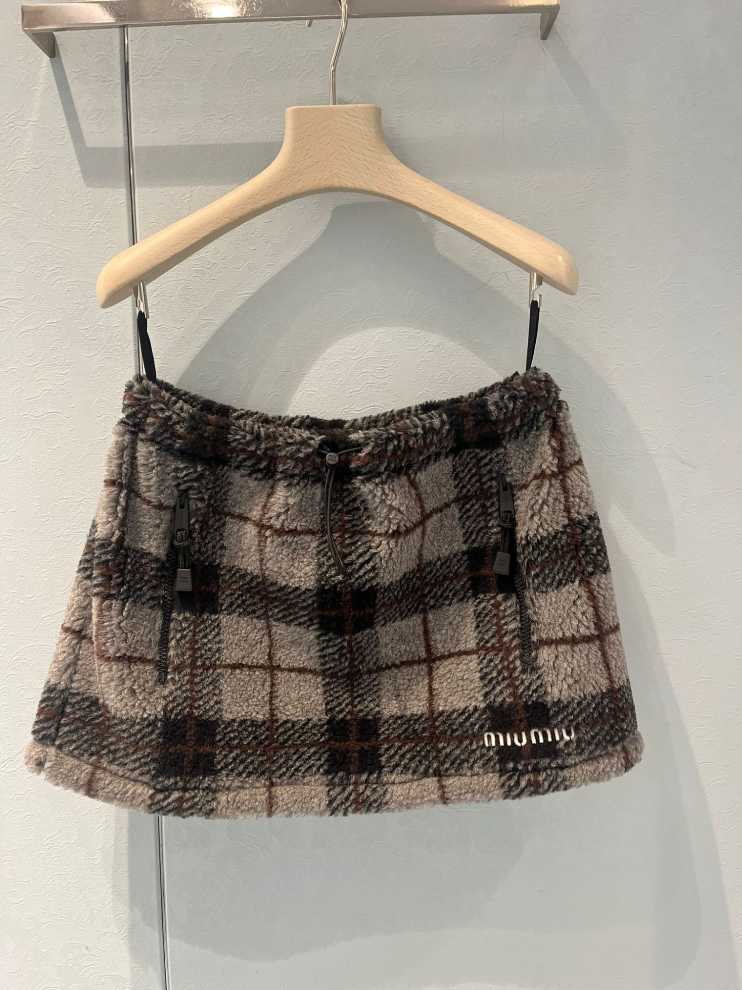 Miu Miu Checked Teddy Miniskirt In Brown