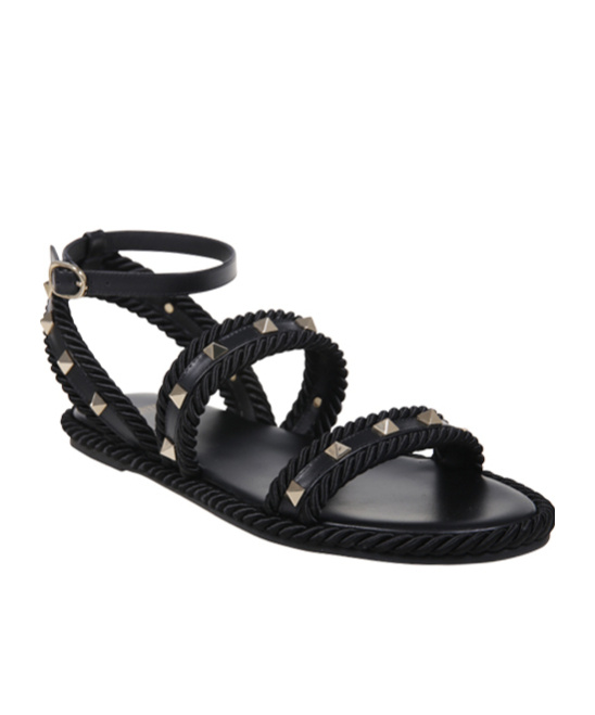 Valentino Round-headed Flat Sandals In Black