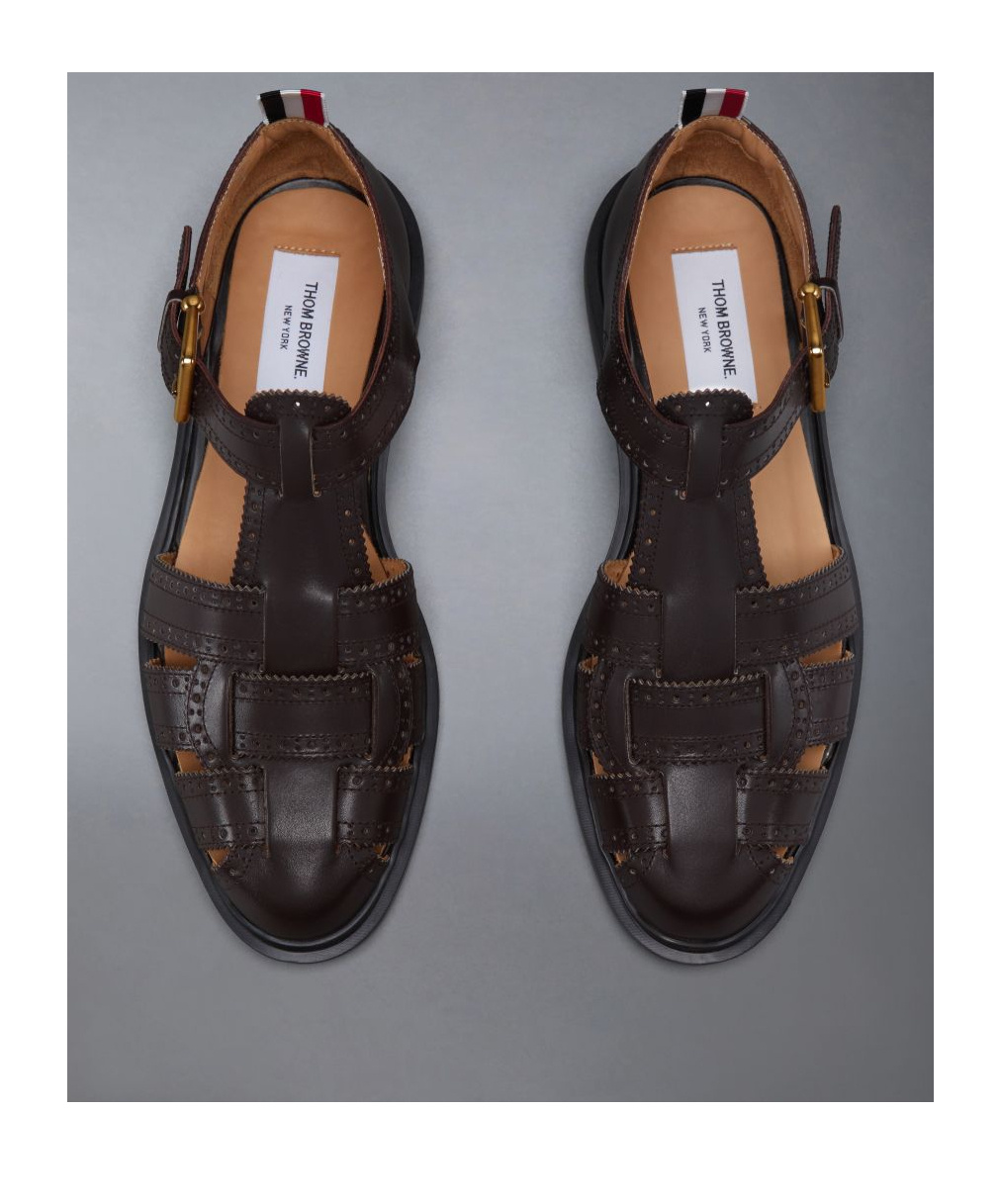 Thom Browne Fisherman Perforated Pebbled-leather Sandals In Black