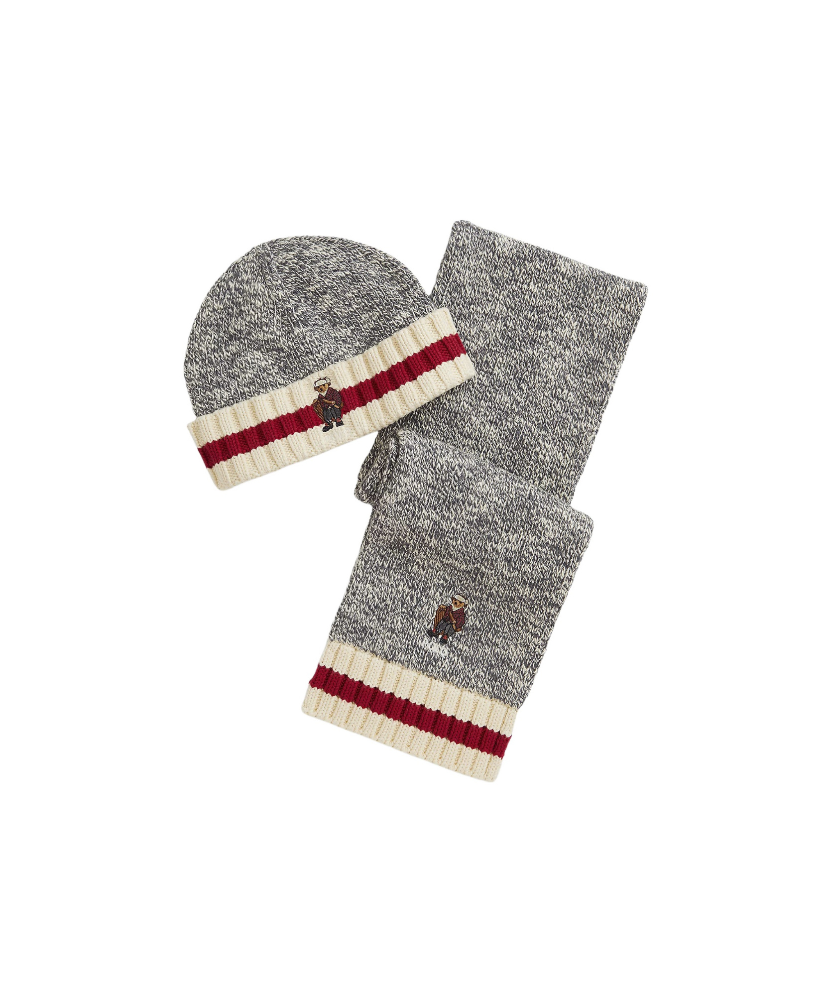 Polo Ralph Lauren Cotton Scarf And Beanie Set With Polo Bear In Gray