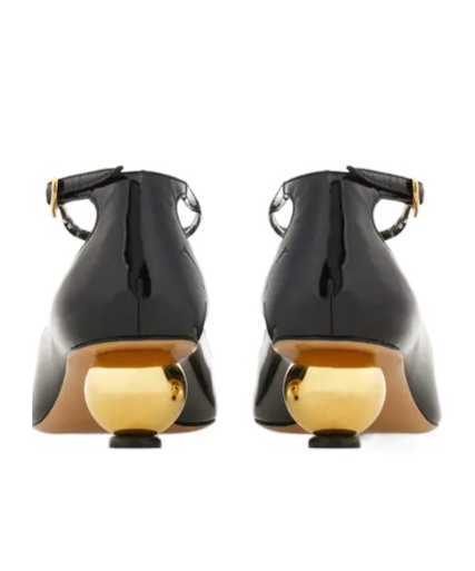 Ferragamo Round Toe T-bar Strap Gold Heel In Black