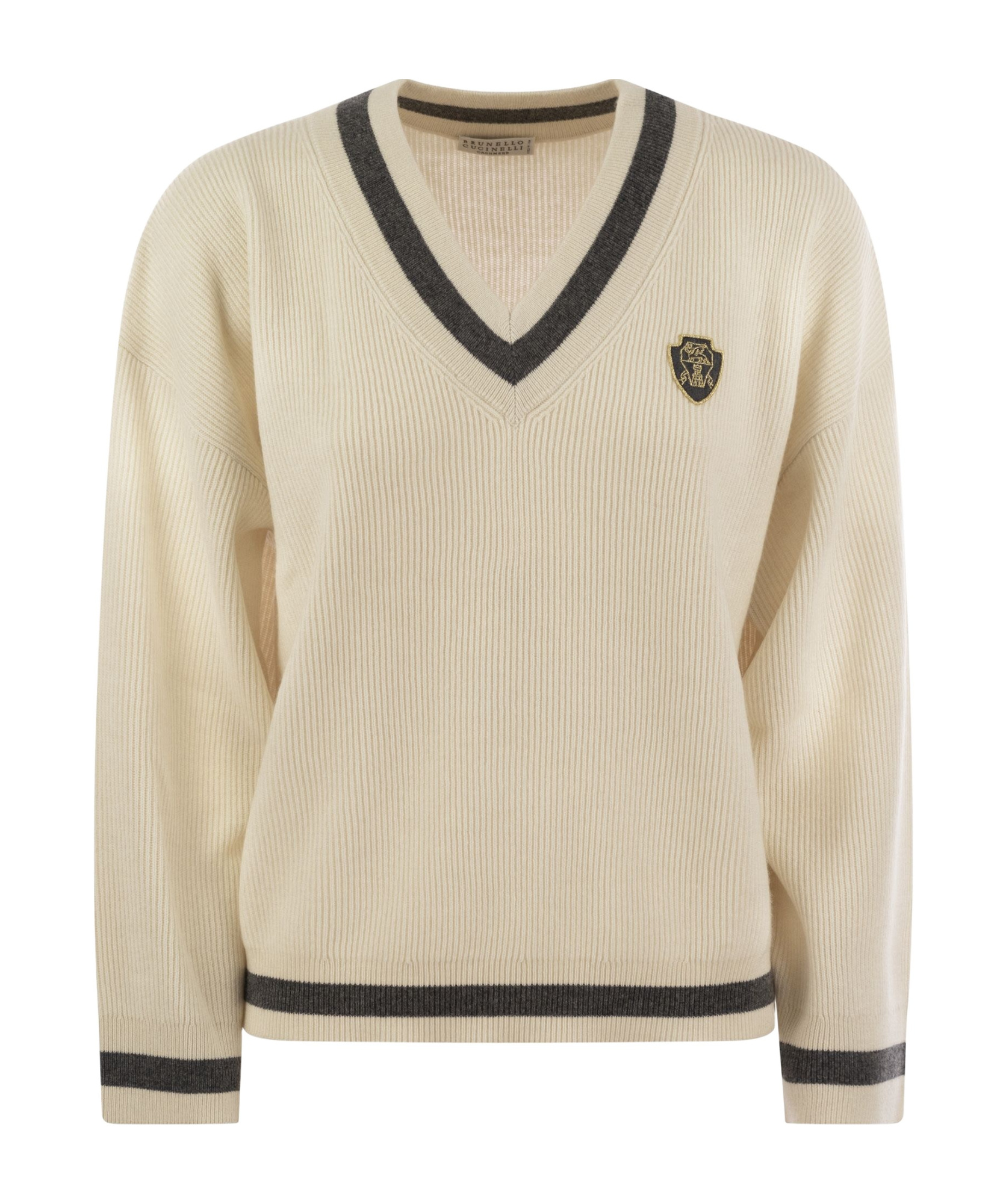Brunello Cucinelli Ribbed Cashmere Sweater With Contrasting Stripe In Nude