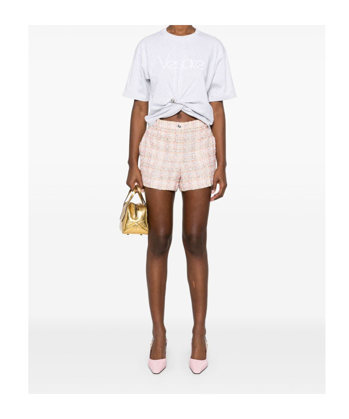 Versace Cropped T-shirt With Twist Detail And Safety Pin Logo In White