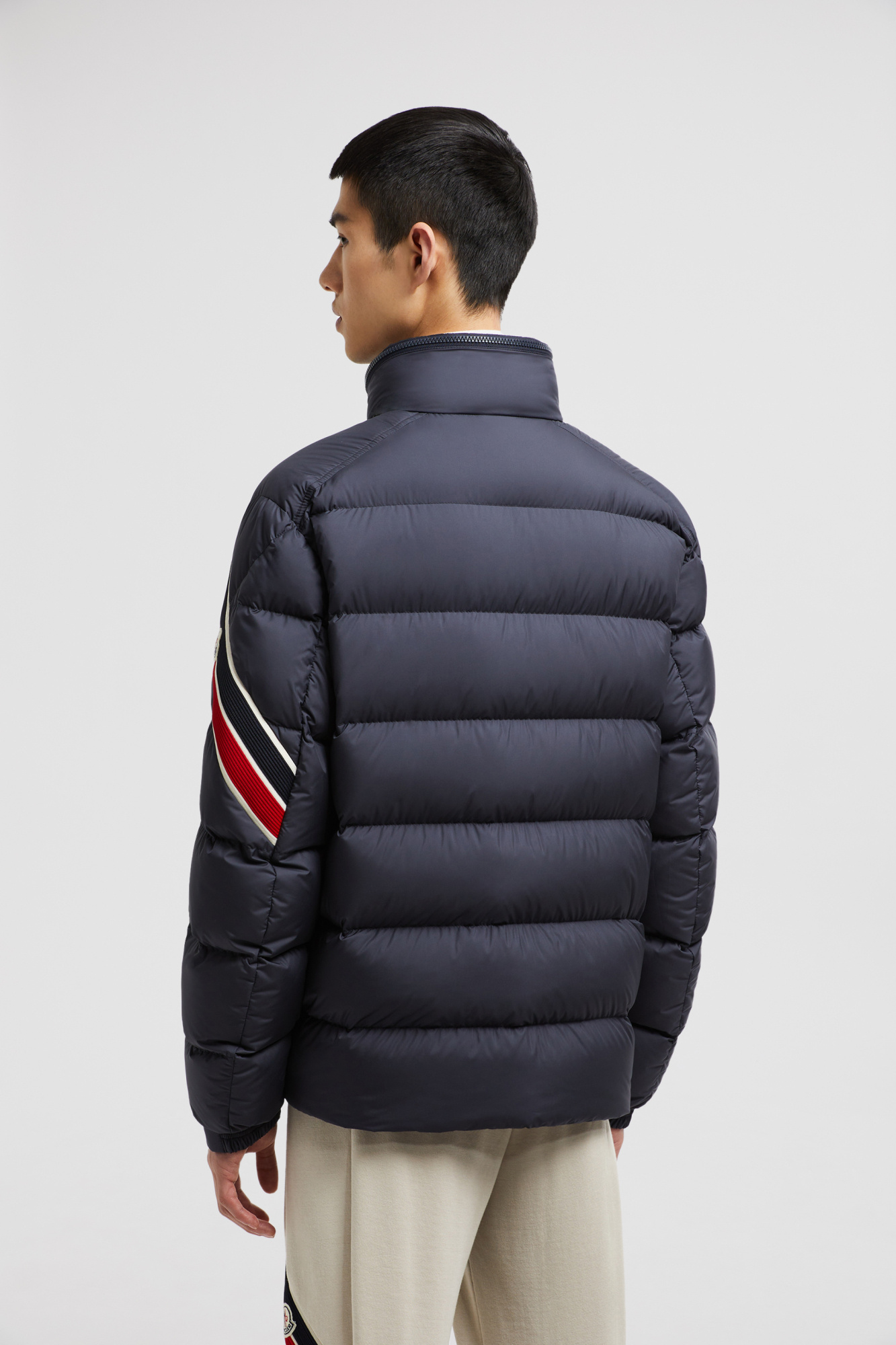 Moncler Striped Logo Patch Down Jacket In Blue