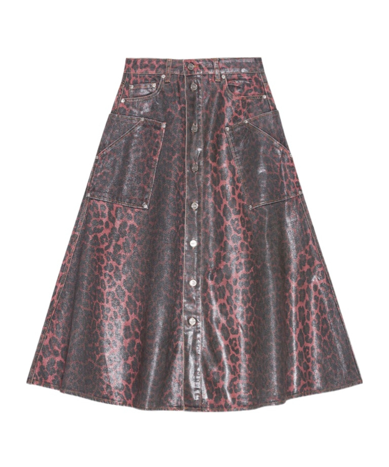 Ganni Leopard Print Foil Denim Midi Skirt In Racing Red