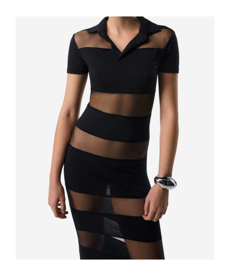 Coperni Black Long Dress With Logo Embroidery On The Front And All-over Striped Motif In Cotton Blend Woman In Black