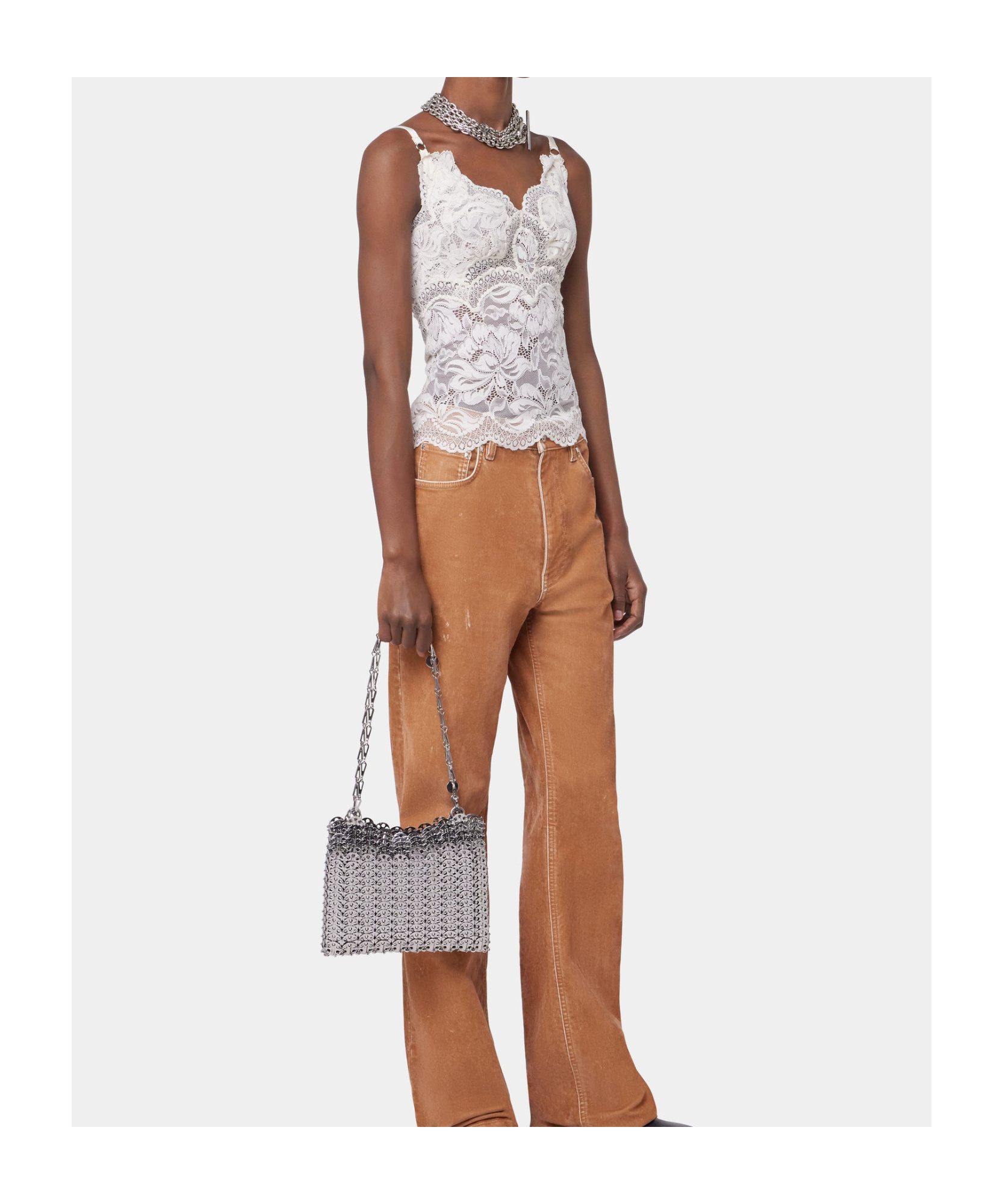 Rabanne Top In Pizzo Beige Semi Trasparente In White
