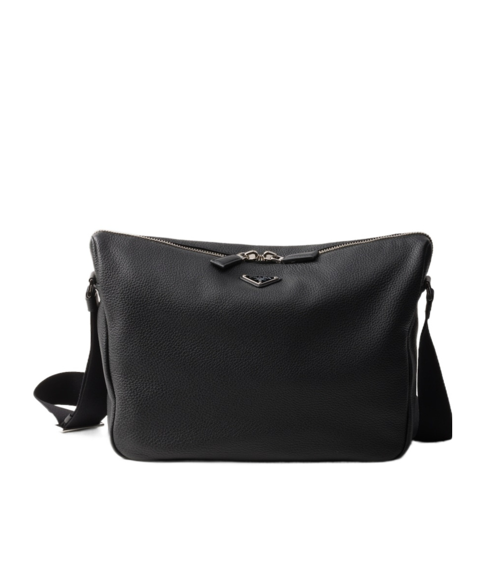 Prada Triangle Logo Leather Shoulder Bag In Black