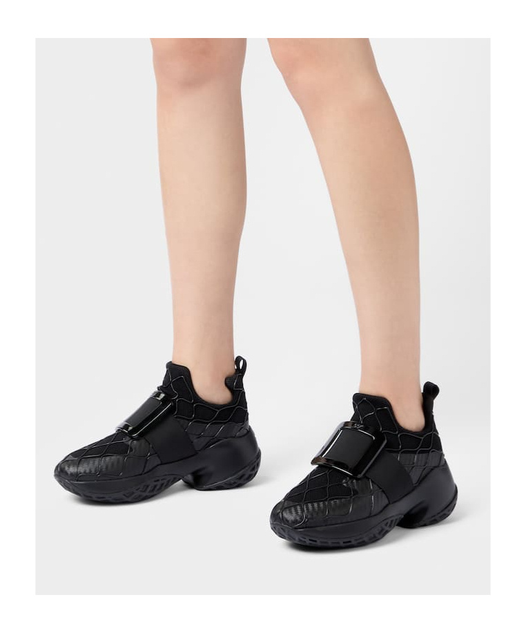 Roger Vivier Viv' Run Technical Lacquered Buckle Sneakers In Technical Fabric In Black