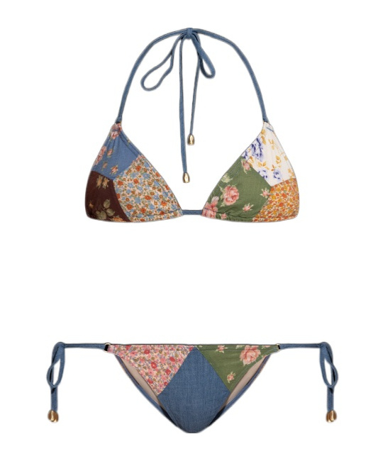 Zimmermann Lucky Patchwork Floral-print Cotton And Chambray Triangle Bikini