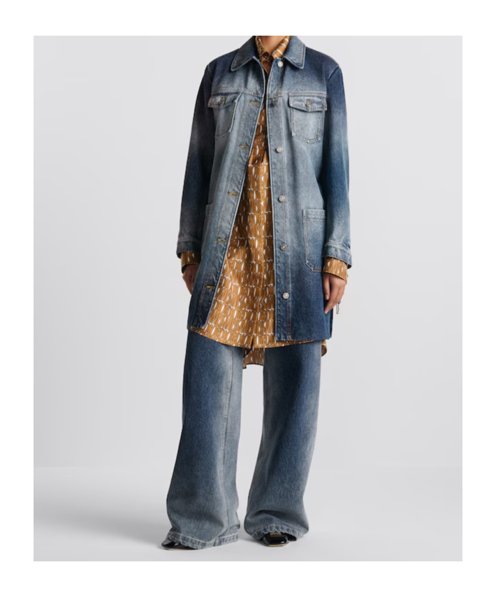 Dior Long Button Denim Coat In Blue
