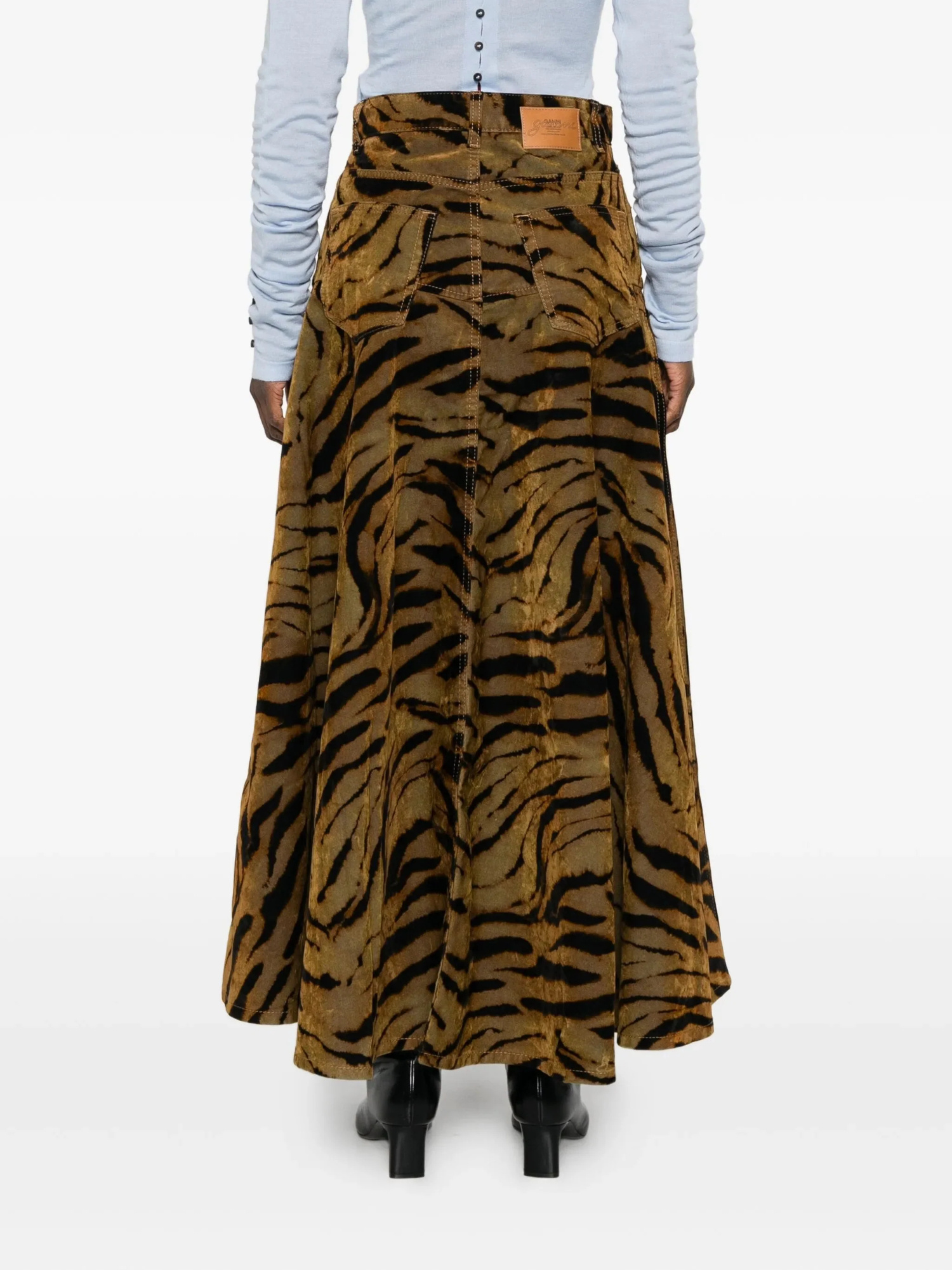 Ganni Tiger-print Denim Maxi Skirt In Brown